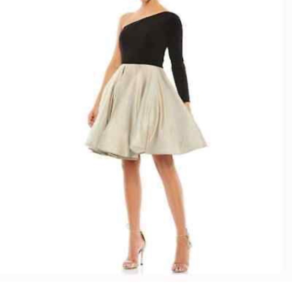 Ieena for Mac Duggal one shoulder formal cocktail fit and flare